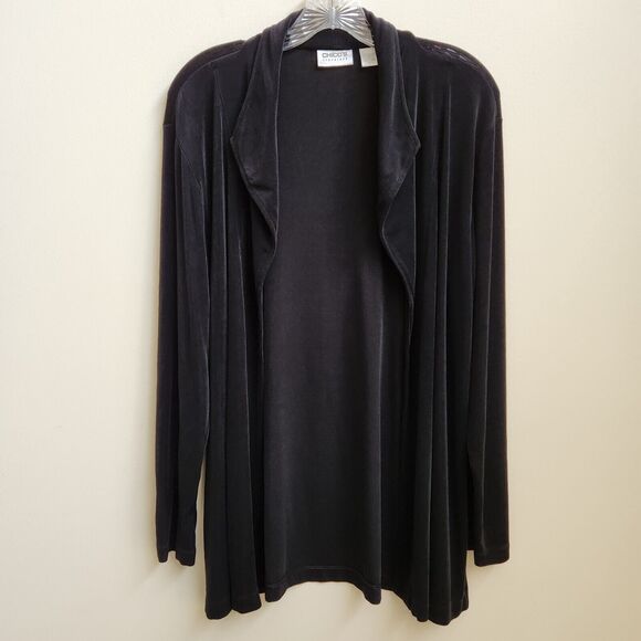 Chico's Travelers Cardigan Womens 2 Black Open Slinky Knit Minimalist Whimsigoth - Picture 1 of 14